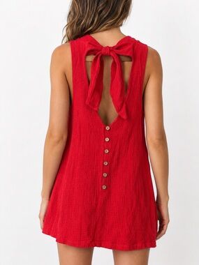Free People Red Textured Sleeveless Mini Dress Bow Back Button Detail size XS